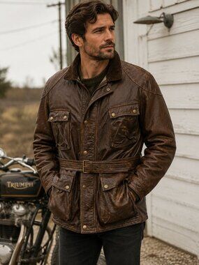 Schott Vintage Leather Belted Field Jacket XL Brown Moto Bike Coat